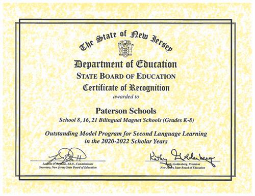 2020-2022 Bilingual Magnet School Certificate